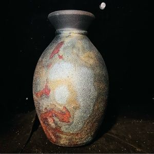 Raku Vase Rough Textured Surface and Dark Mottled Colors Signed by Graydon